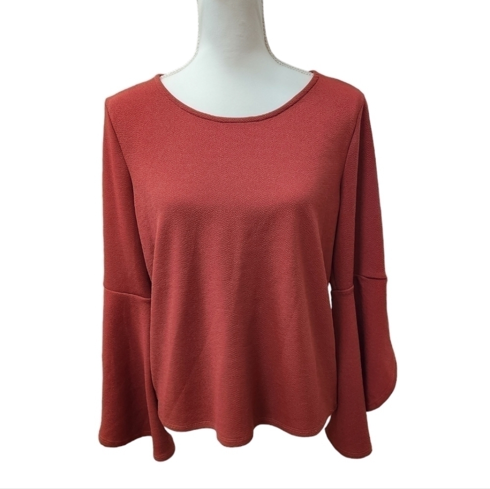 Green Envelope Women's Bell Sleeve Textured Burnt Orange Blouse, Large